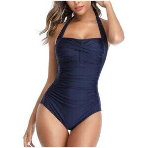 Miami Tummy Control Halter One Piece Slimming Navy Blue Swimsuit Sz L New